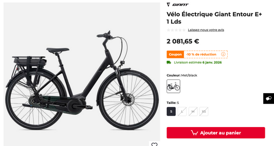LOT 1 091 – GIANT ENTOUR NEUF E+ 1 LDS – Vélo électrique urbain – 400 Wh