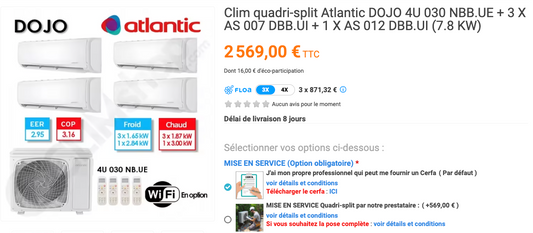 LOT 1 118 – ATLANTIC DOJO – Pack climatisation quadri-split R32 – Wi-Fi